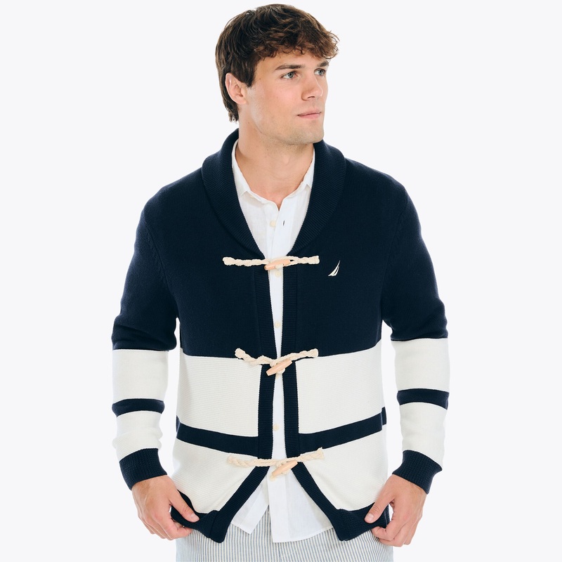 Nautica Men's Heritage Shawl Collar Toggle Closure Cardigan Sweater Blue Medium