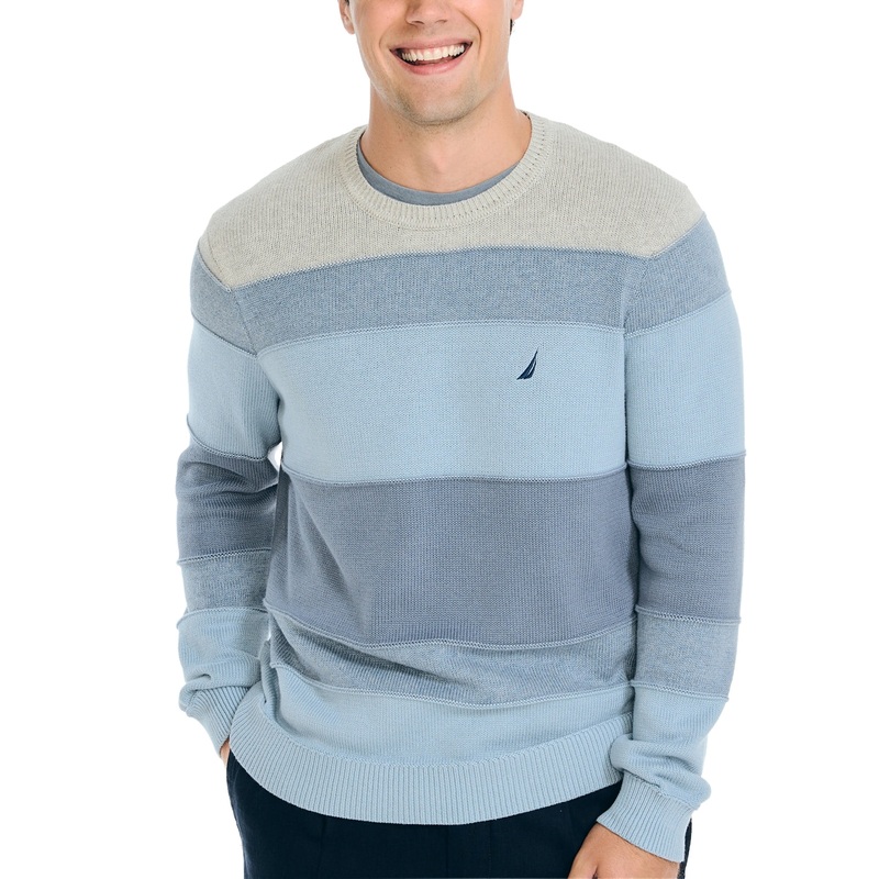 Nautica Men's Striped Long Sleeve Crewneck Sweater Petrol Blue XL