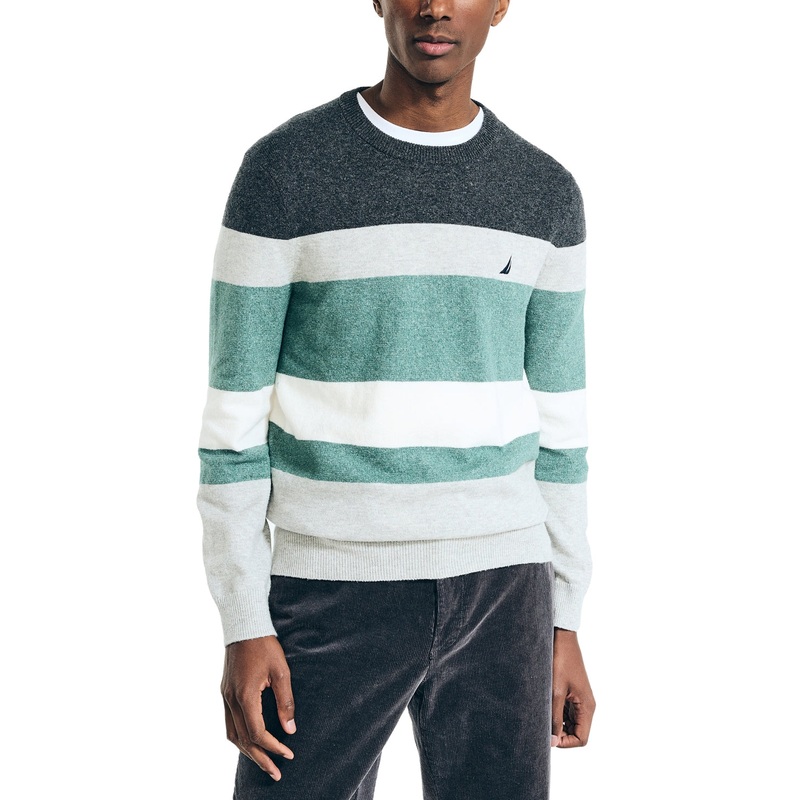 Nautica Men's Textured Striped Crewneck Sweater Grey Green Heather Large