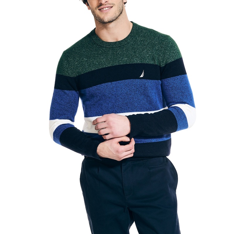 Nautica Men's Textured Striped Crewneck Sweater Navy Seas Blue Green Large