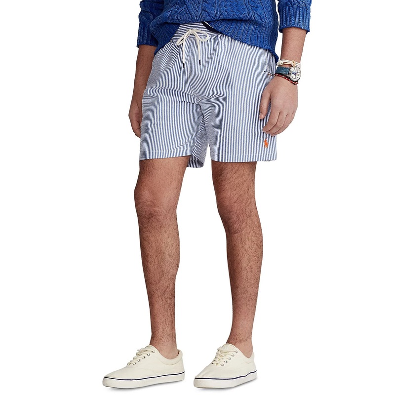Polo Ralph Lauren Men's 5.75" Traveler Classic Swim Trunks Seersucker Blue Large