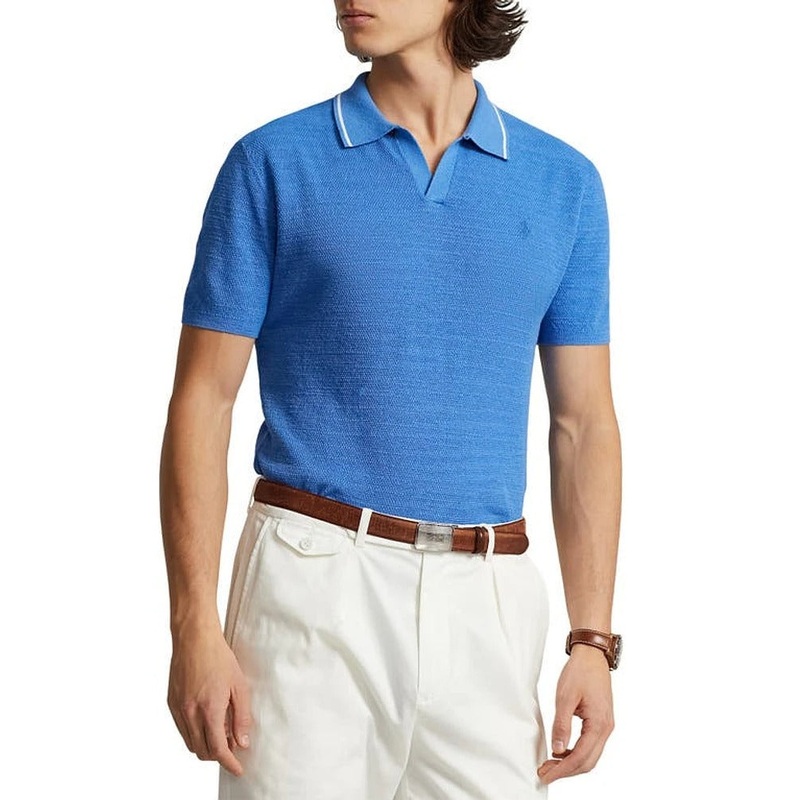 Polo Ralph Lauren Mens Regular Fit Textured Short Sleeve Polo Sweater Blue Small