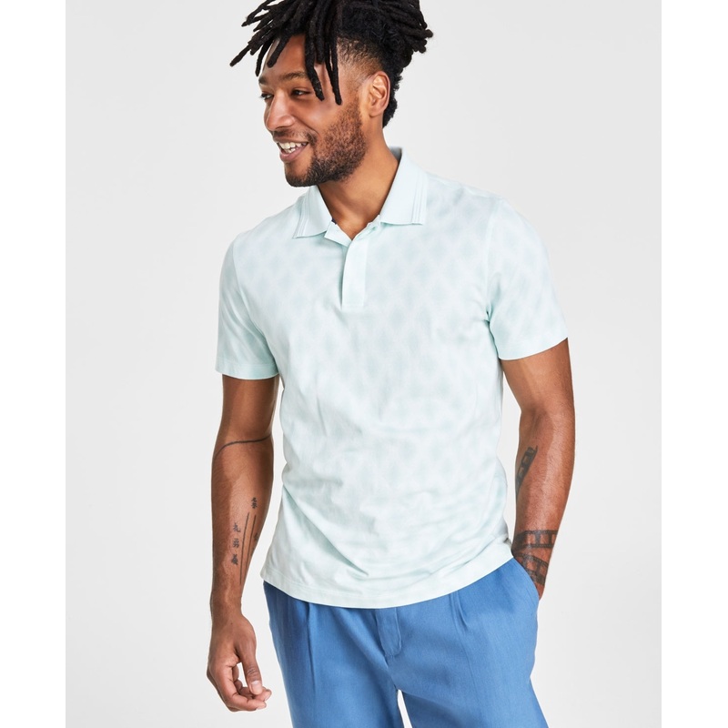 Alfani Men's Diamond Stripe Mercerized Polo Shirt Beach Glass Green Large