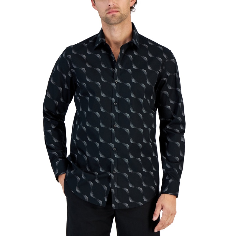 Alfani Men's Dot Wave Print Long Sleeve Button Down Shirt Deep Black XL