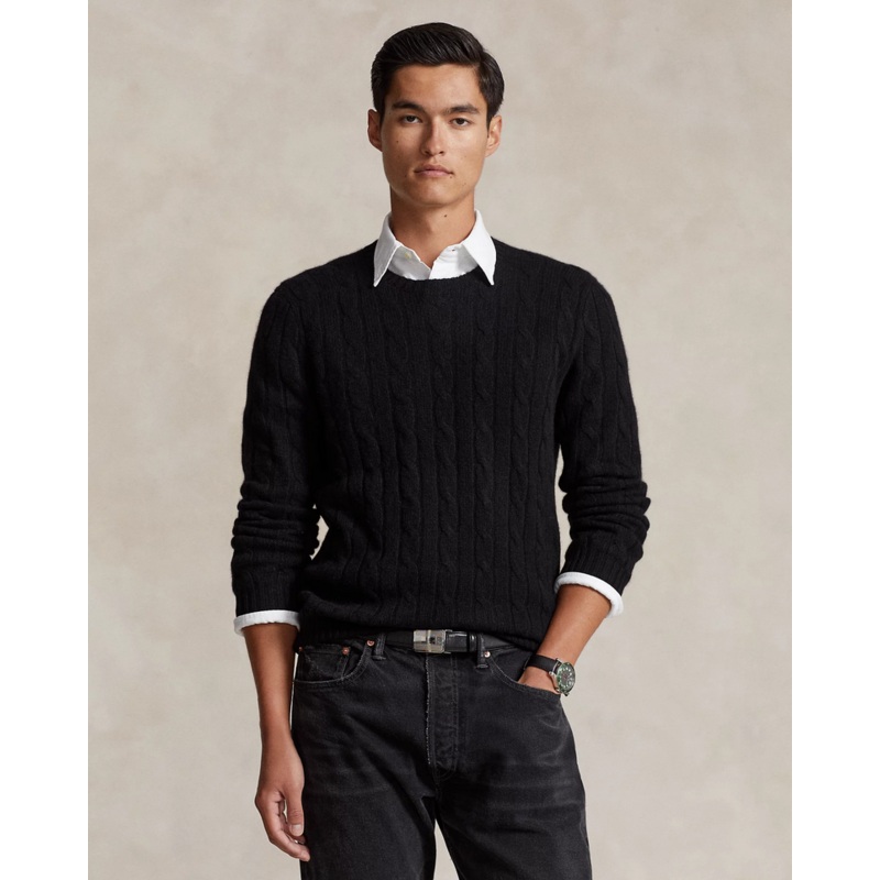 Polo Ralph Lauren Mens Iconic Cable Kit Cashmere Crewneck Sweater Black Large