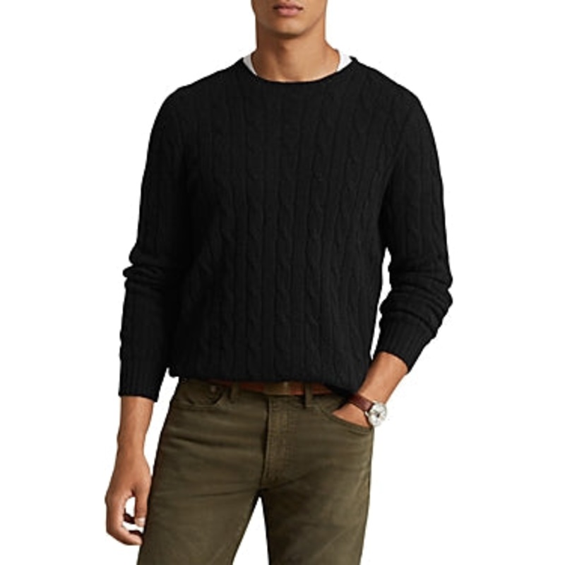 Polo Ralph Lauren Mens Iconic Cable Kit Cashmere Crewneck Sweater Black Small