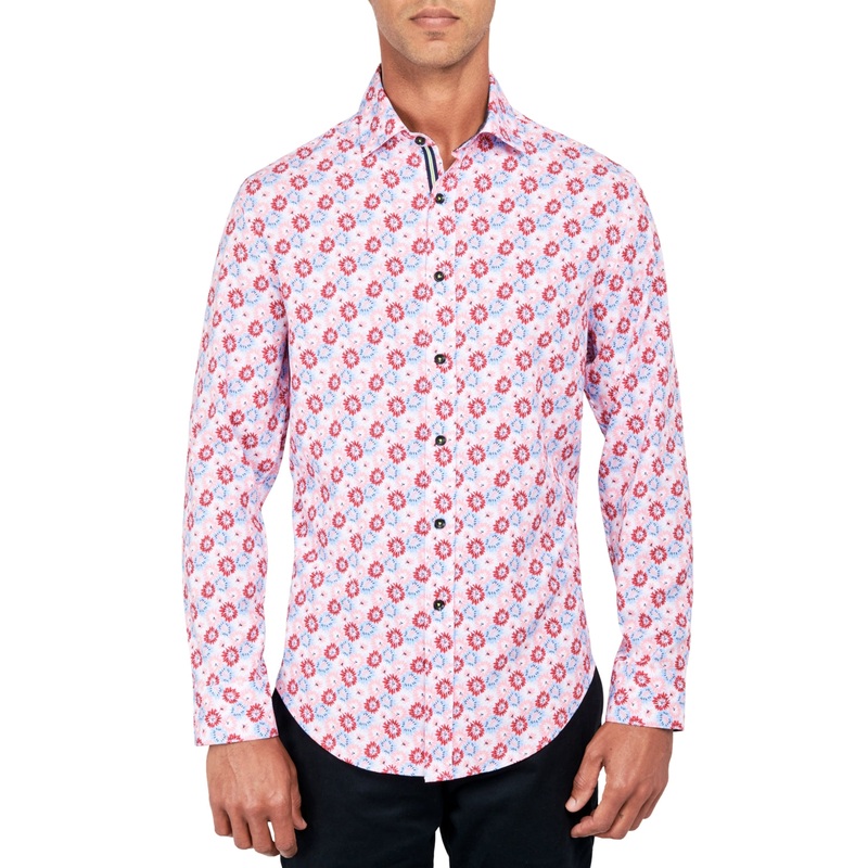 Society of Threads Men's Regular Fit Flower Print Button Down Shirt Pink Large