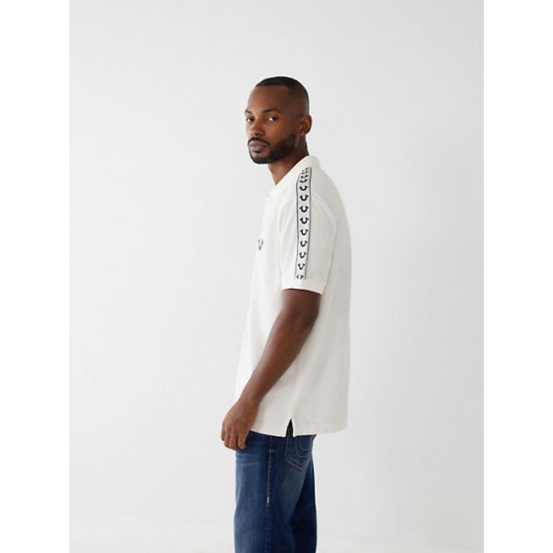 True Religion Men's Damask Short Sleeve Polo Shirt White Large