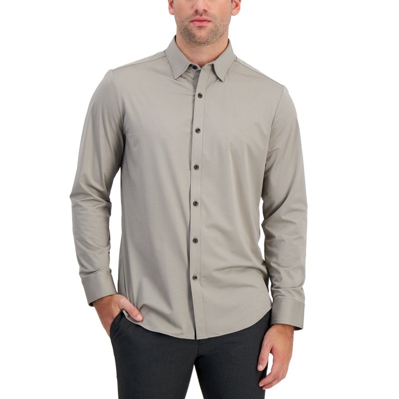 Alfani Mens Alfatech Yarn Dyed Button Down Shirt  London Plane Grey 3XL