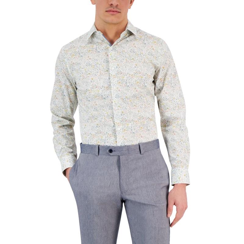 Bar III Letty Slim Fit Floral Print Button Down Shirt  White Pink Medium