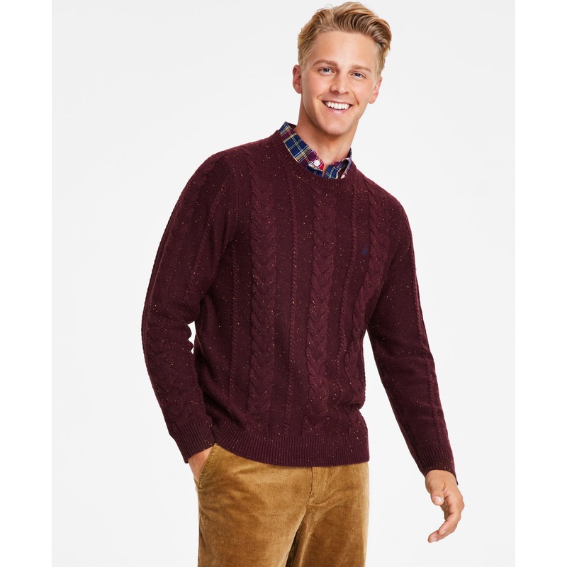 Nautica Men's Cable Knit Pullover Crewneck Sweater Shipwreck Burgundy Red Small