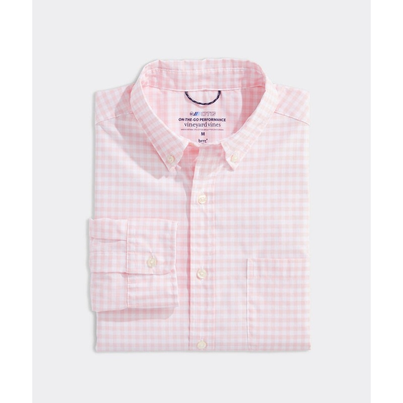 Vineyard Vines Mens Gingham on the Go Classic Fit Shirt Pink White Medium