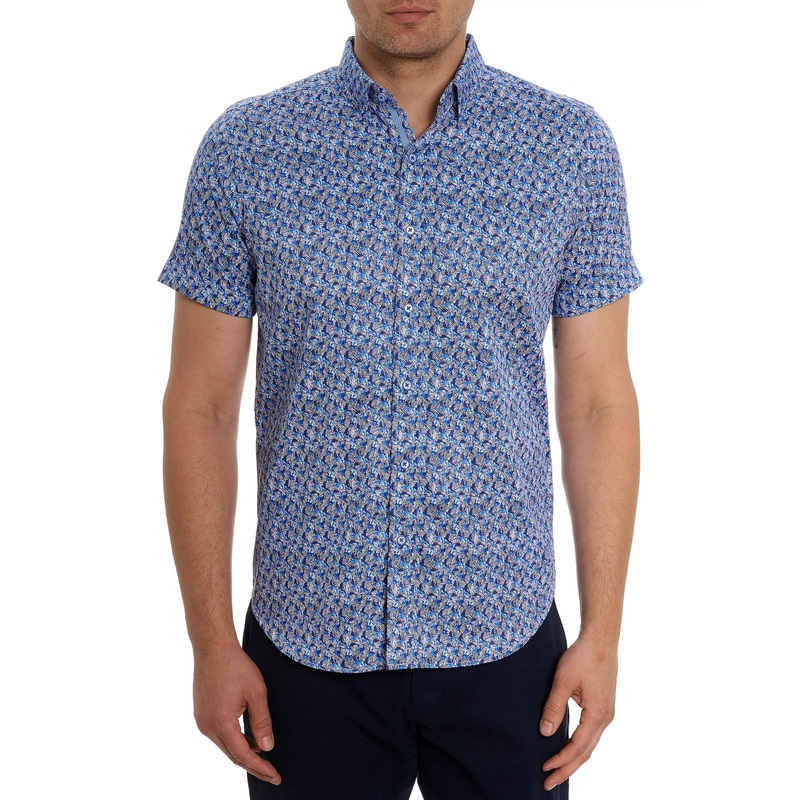 Robert Graham Mens Wade Abstract Cotton Short Sleeve Button Shirt Medium Blue