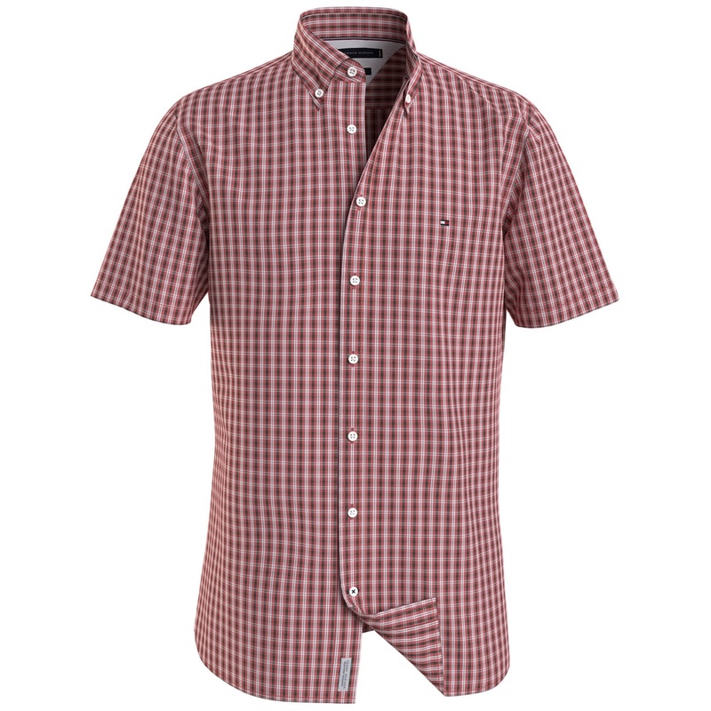 Tommy Hilfiger Men's Short Sleeve Poplin Button Down Shirt Lush Coral Red Small