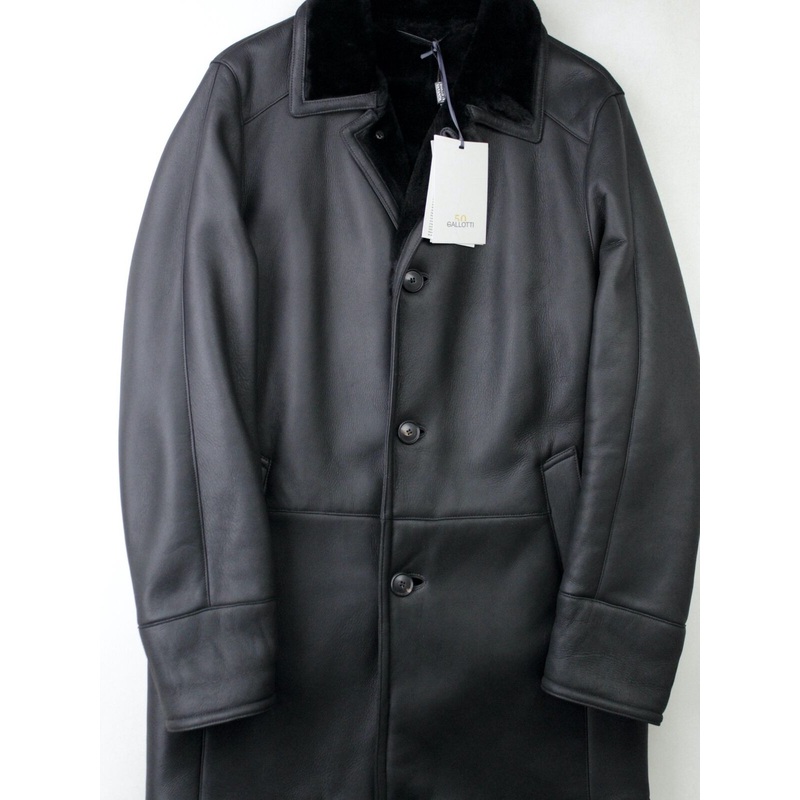 $2295 Gallotti Shearling Fur-Lined Black Leather Coat 44 US 54 EU