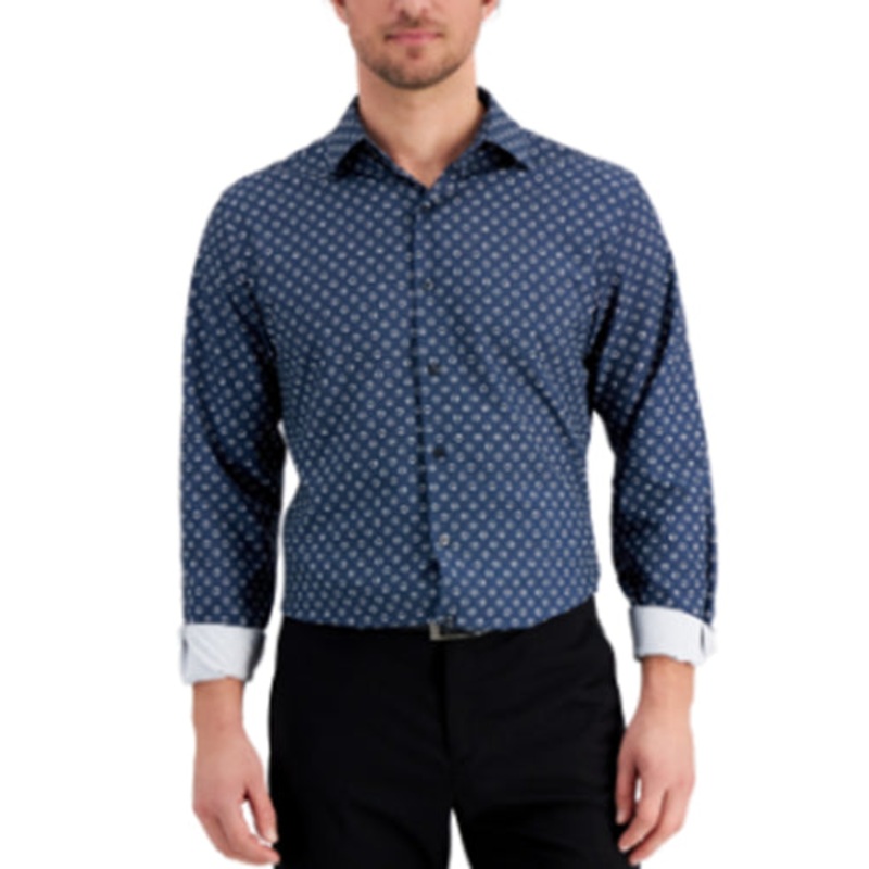 Alfani Mens Geo-Print Dress Shirt Navy White 16-16.5 / 32-33