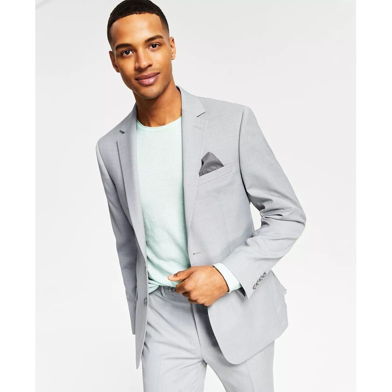 BAR III Men's Skinny-Fit Sharkskin Suit Jacket 44L Light Grey Wool Blend