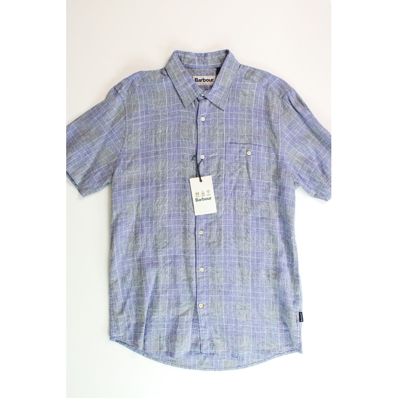 BARBOUR Mens Drydock Short Sleeve Button Linen Shirt Small Blue Plaid