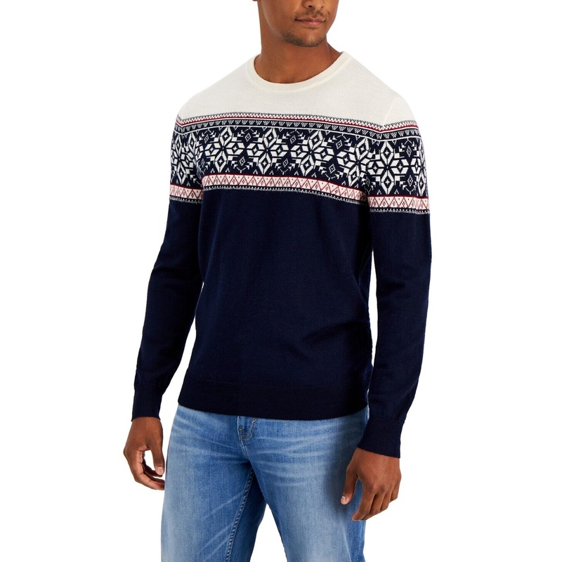 Club Room Mens Merino Fairisle Sweater Navy Blue 2XL