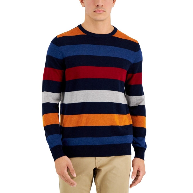 Club Room Mens Merino Stripe Sweater Navy Blue 2XL