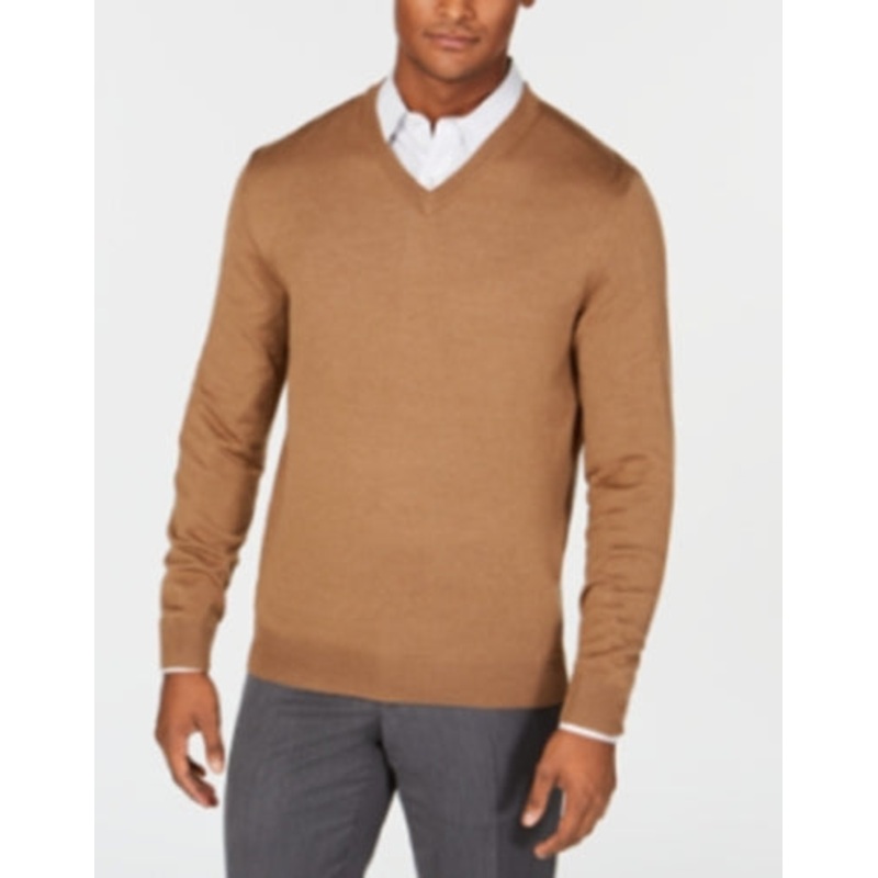 Club Room Mens Regular Fit Solid V Neck Ebony Heather Brown XL