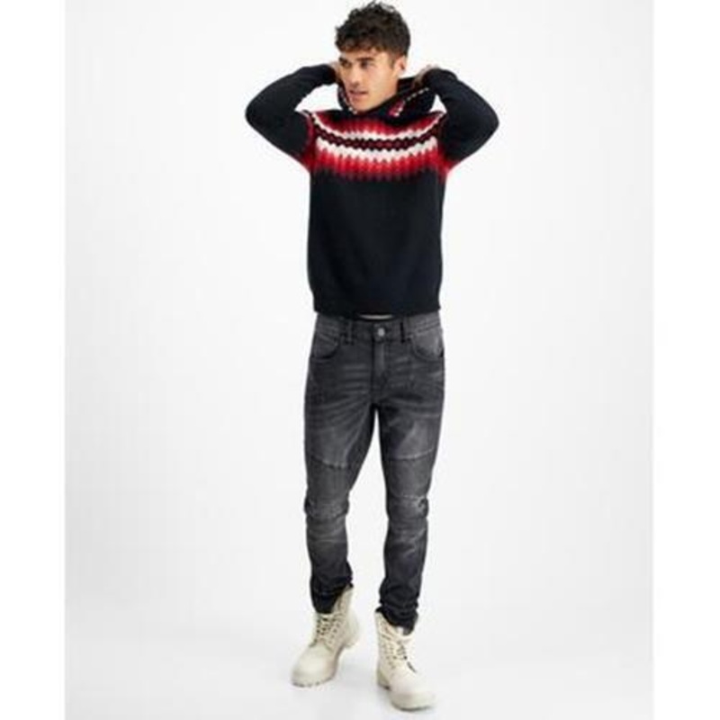 International Concepts Mens Geometric Stripe Cashmere Black Hoodie Sweater Large
