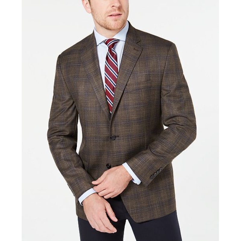 Lauren Ralph Lauren Mens Light Brown Plaid Sport Coat 40L Classic-Fit Stretch