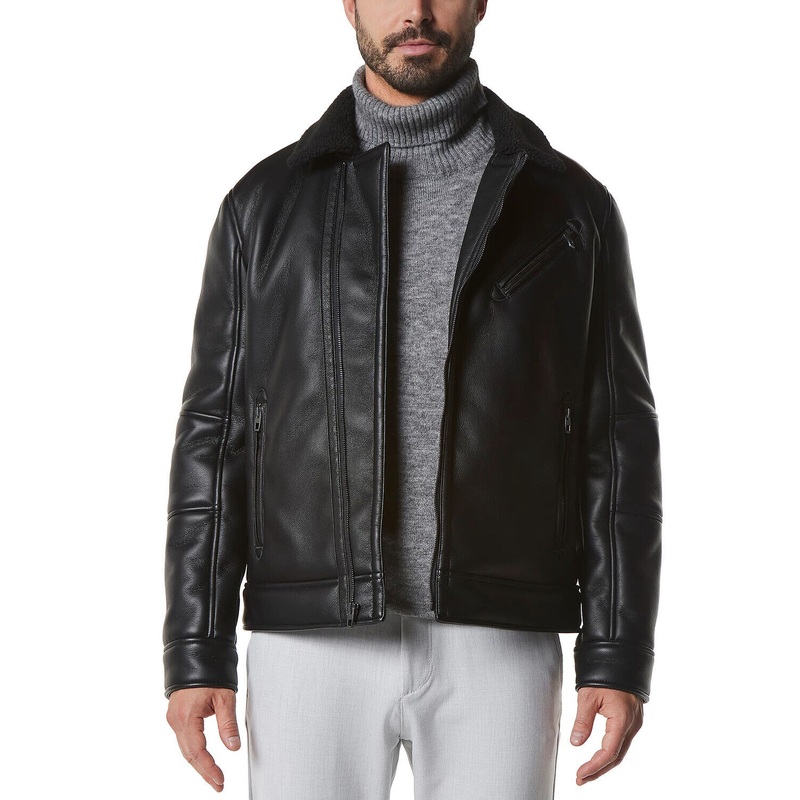Marc New York Men's Asymmetrical Moto Jacket Faux-Shearling Collar Black 2XL XXL