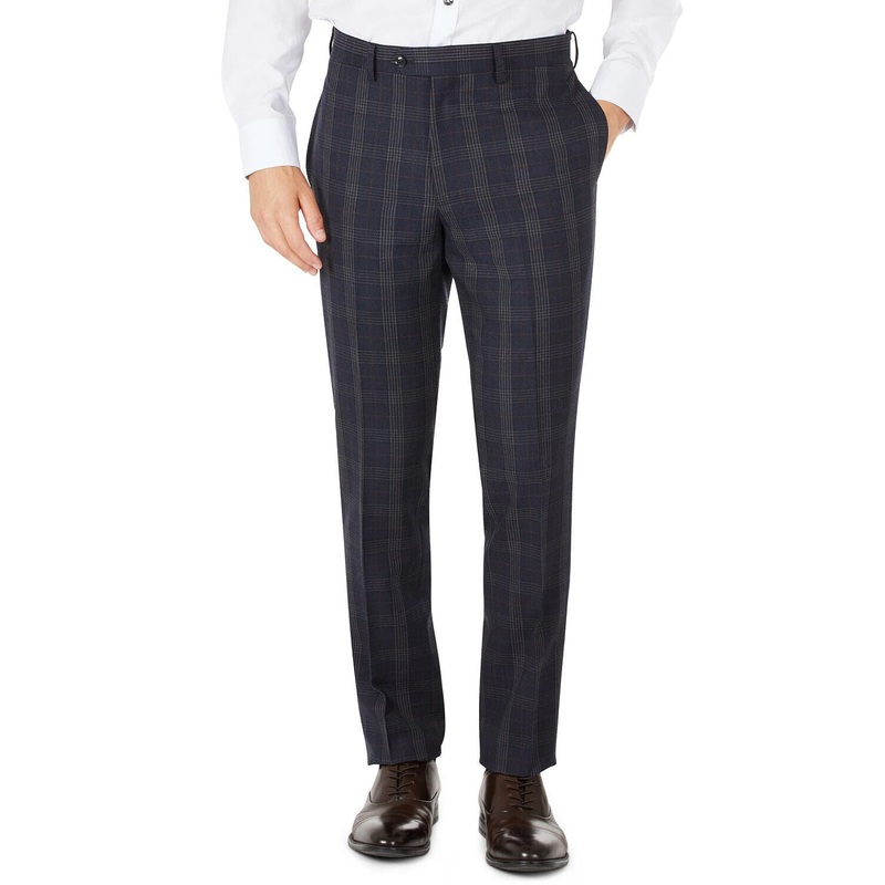 Tallia Men's Slim-Fit Navy Blue Plaid Wool Dress Pants 30 x 30 Flat Front Pant