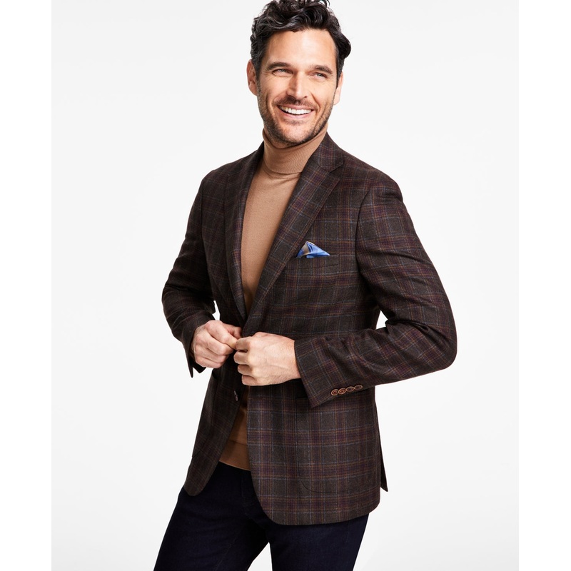 Tallia Mens Slim fit Sport Coat Blazer 44 L Brown Plaid
