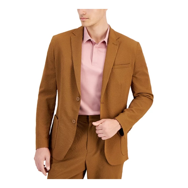 Alfani Men's Classic Fit Textured Seersucker Suit Jacket Brown Large