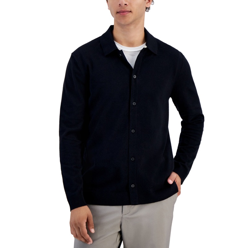 Alfani Men's Refined Regular Fit Textured Cardigan Sweatere Deep Black Medium