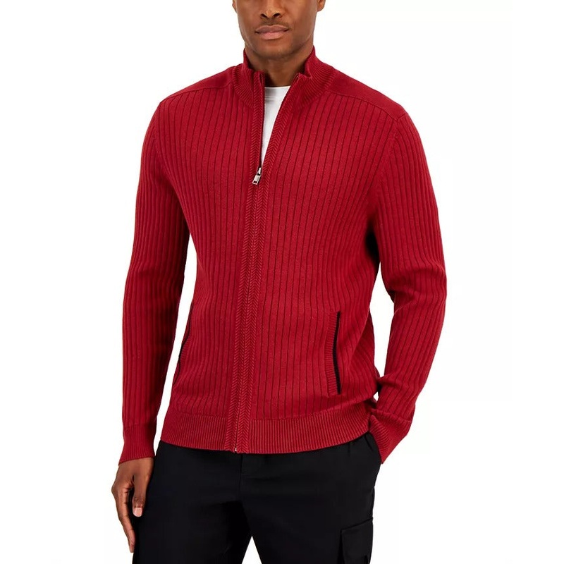 Alfani Men's Ribbed Full-Zip Regular Fit Sweater Large Merlot Red Cotton