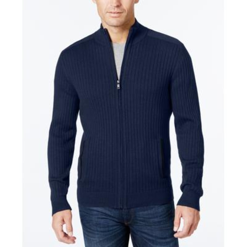 Alfani Mens Ribbed Full Zip Sweater Navy Blue XXL 2XL