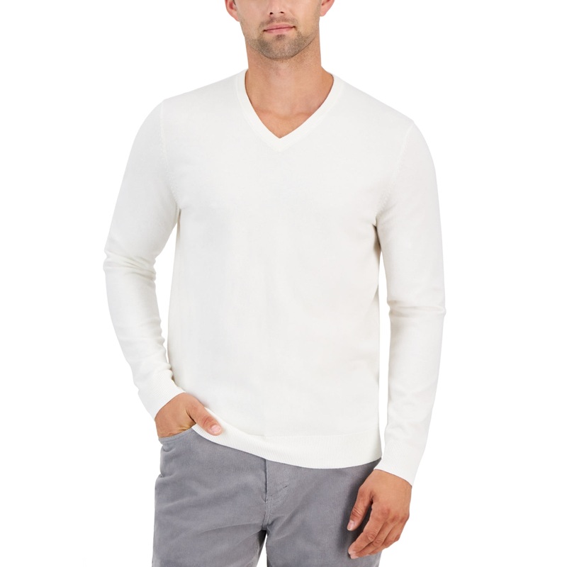Alfani Mens Solid V Neck Cotton Sweater Vanilla Ice White  2XL