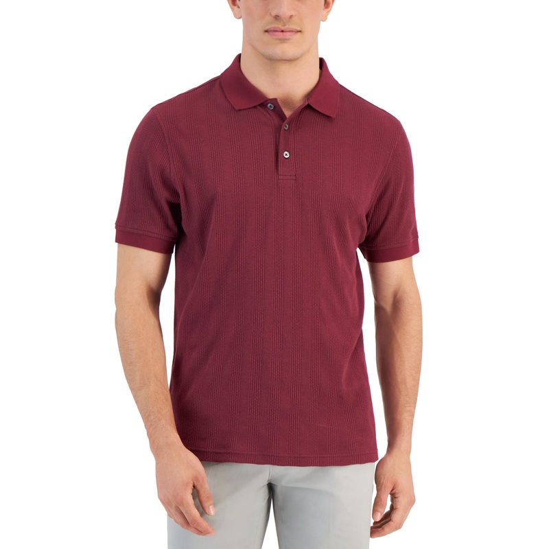 Alfani Mens Stretch Textured Stripe Shirt Sleeve Polo Shirt Maroon Banner Large