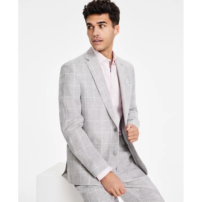 Bar III Men's Slim-Fit Linen Suit Jacket Sport Coat 44R Grey Plaid