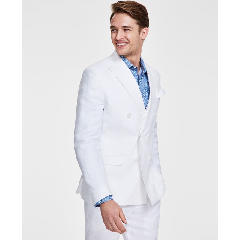 Bar Iii Men's Slim Fit Stretch Solid Linen Double Breasted Suit Jacket White 40S