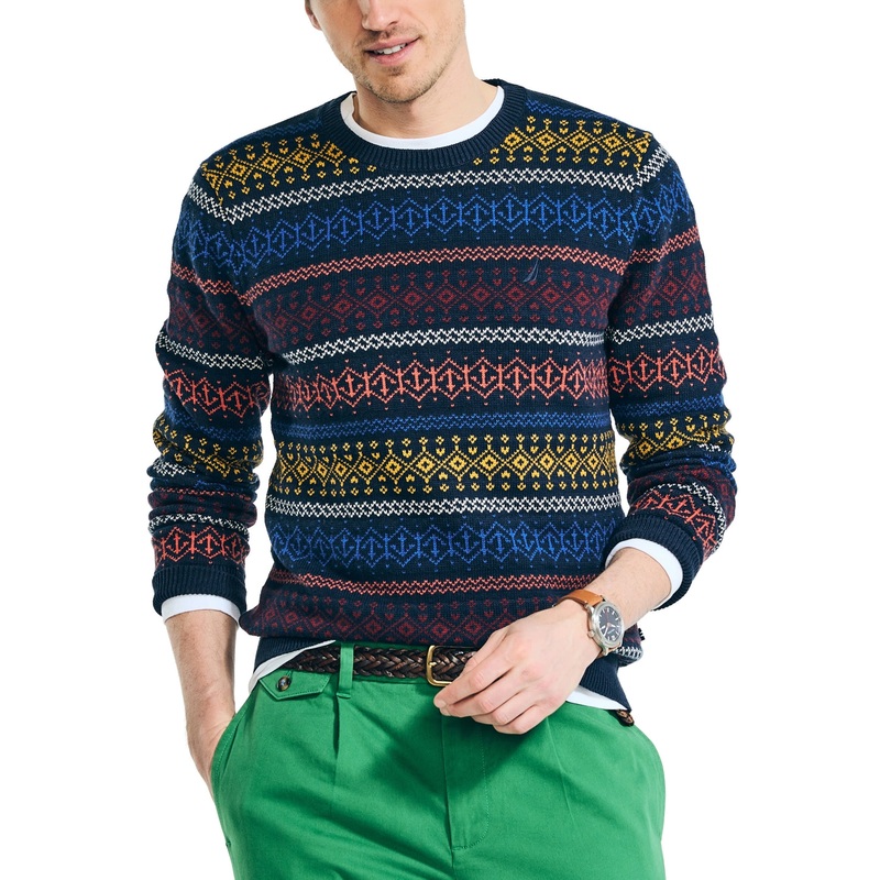 Nautica Mens Fair Isle Crewneck Sweater Navy Seas Blue Multi Color XL
