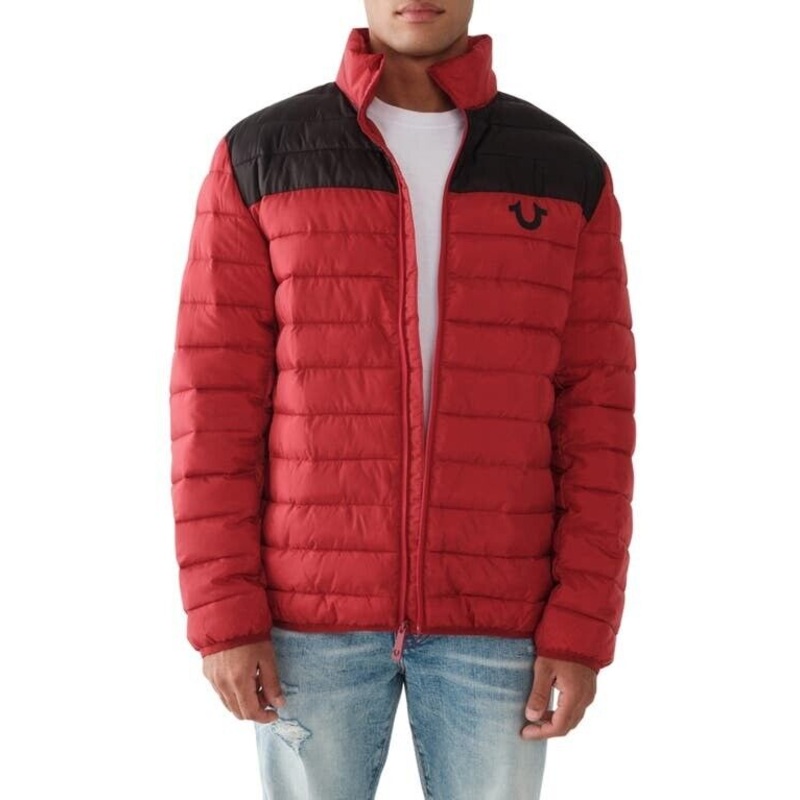 True Religion Mens Light Puffer Jacket XL Red Dahlia Black