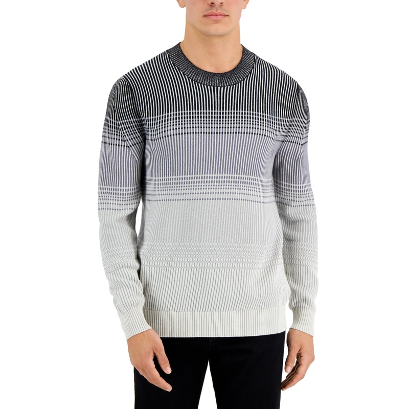 Alfani Mens Crewneck Ombre Striped Sweater Black Grey White  Medium