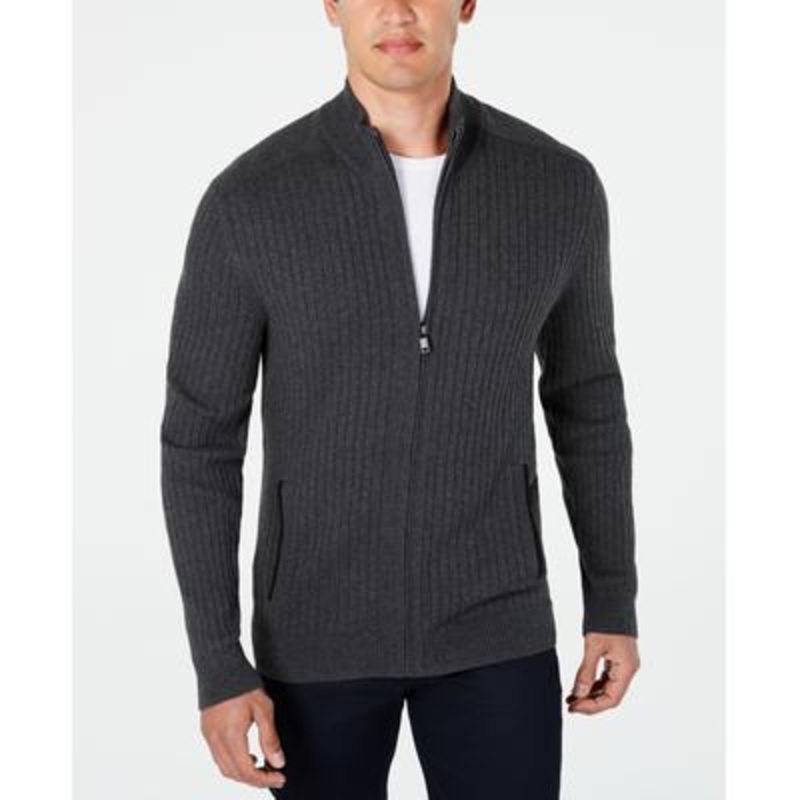 Alfani Mens Ribbed Full Zip Sweater Charcoal Heather Grey Large