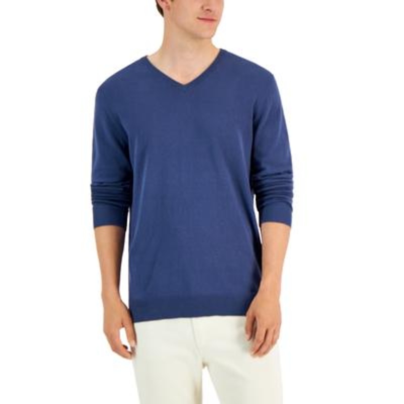 Alfani Mens Solid V Neck Cotton Sweater Blue Nite Escape Medium