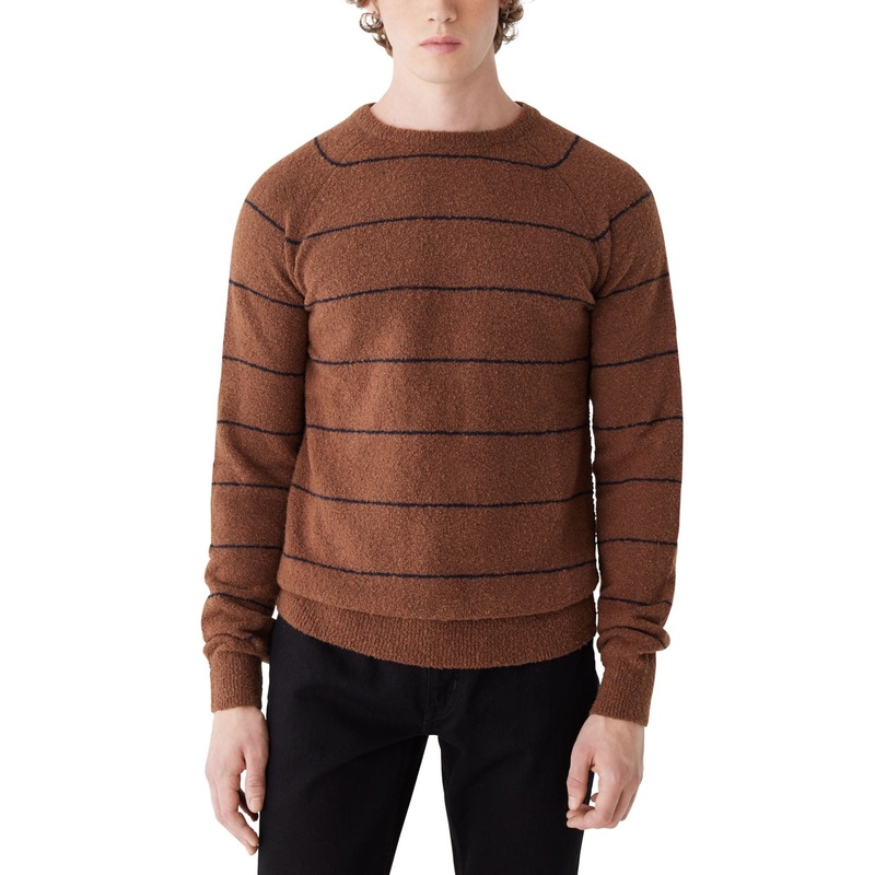 Frank And Oak Mens Striped Crewneck Long Sleeve Sweater Cappuccino Brown Medium