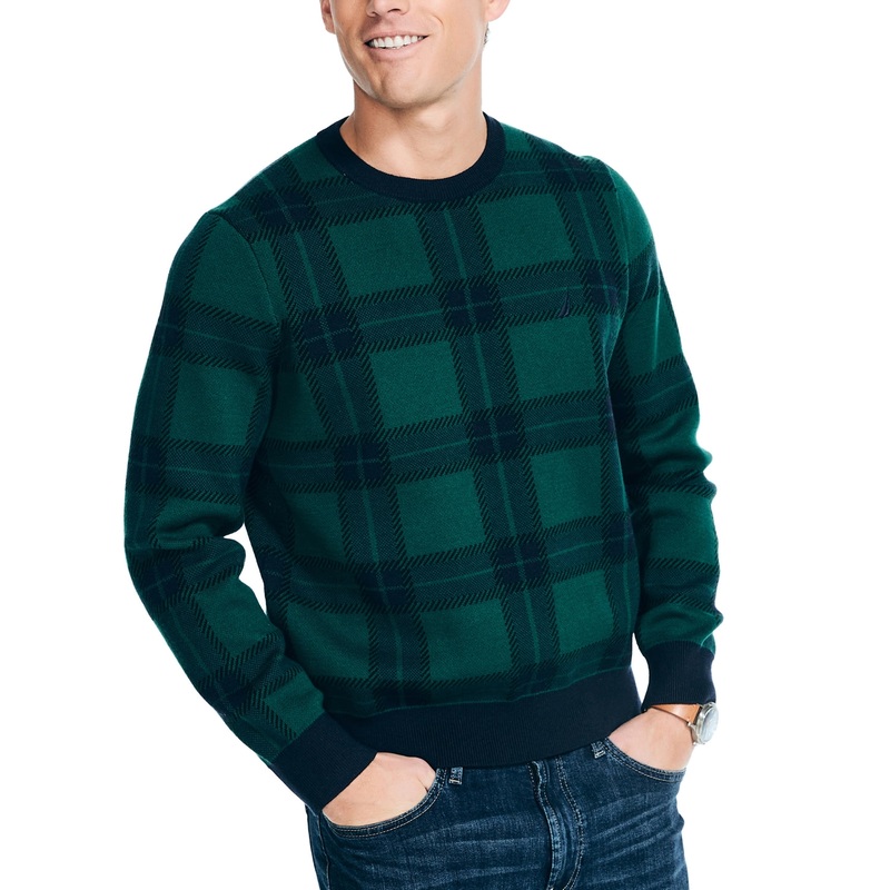 Nautica Mens Navtech Plaid Jacquard Crewneck Sweater Navy Seas Green Medium