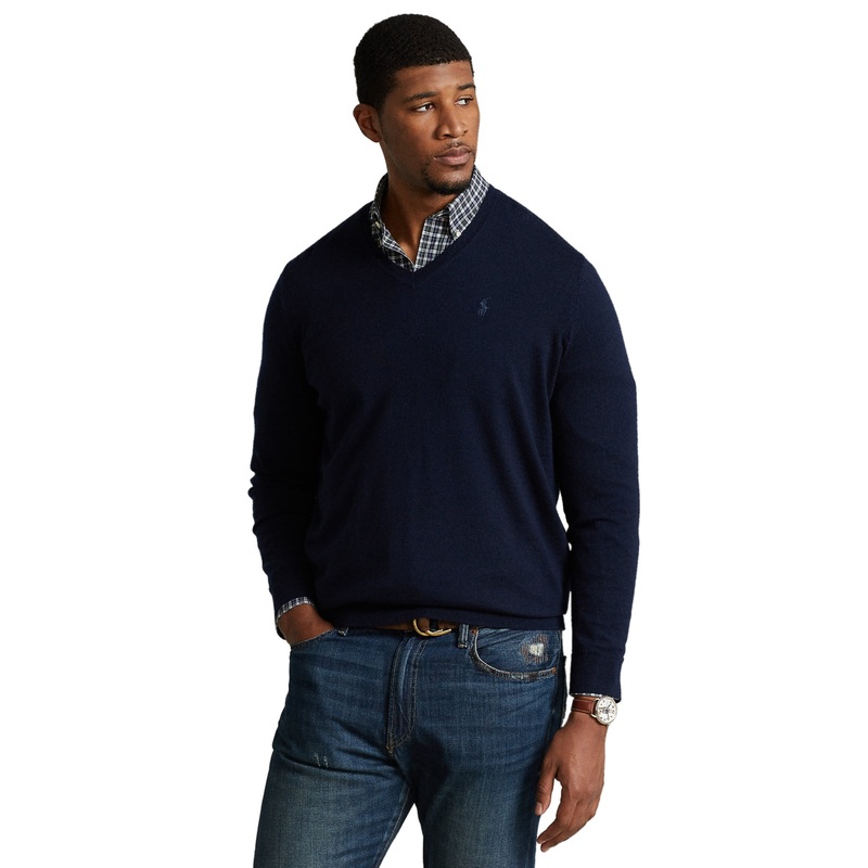 Polo Ralph Lauren Mens Big Tall Washable Wool V Neck Sweater Navy Blue 3XB