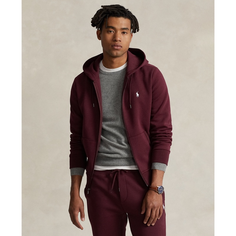 Polo Ralph Lauren Mens Double Knit Full Zip Hoodie Sweater Wine Red Large
