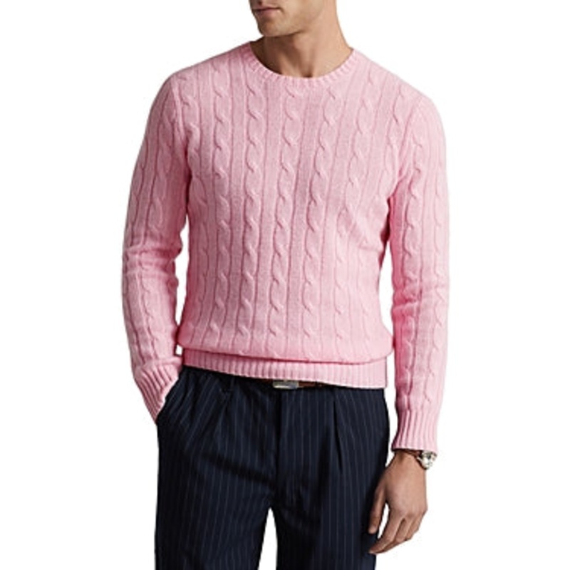 Polo Ralph Lauren Mens Pure Cashmere Cable Knit Crewneck Sweater Large Pink