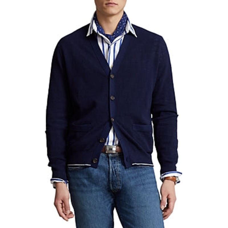 Polo Ralph Lauren Mens Textured Cotton Linen Cardigan Sweater Bright Navy 2XL