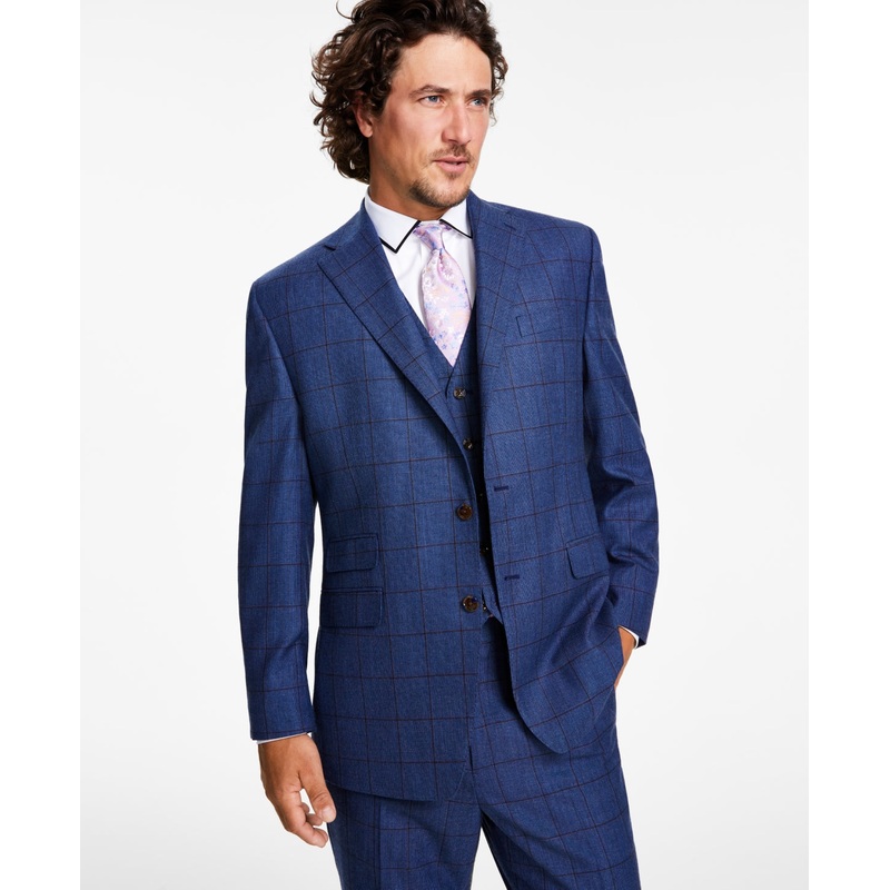Tayion Collection Mens Classic Fit Stretch Suit Jacket Windowpane Navy Brown 44S
